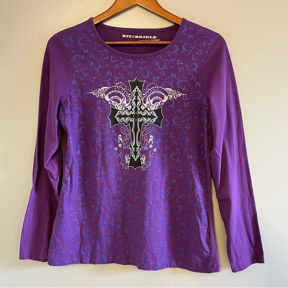 Bit & Bridle Womens Purple Long Sleeve Black Cross Rhinestone Pullover Shirt M - Picture 10 of 14